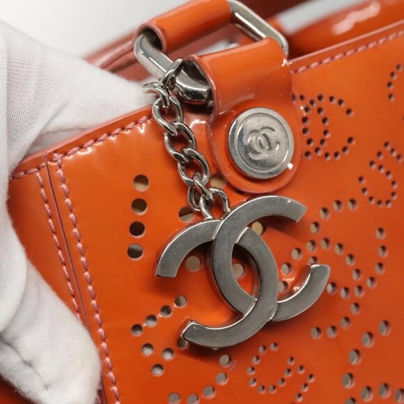 CHANEL Punching Tote Bag Enamel Orange Silver CC Auth - Picture 8 of 15